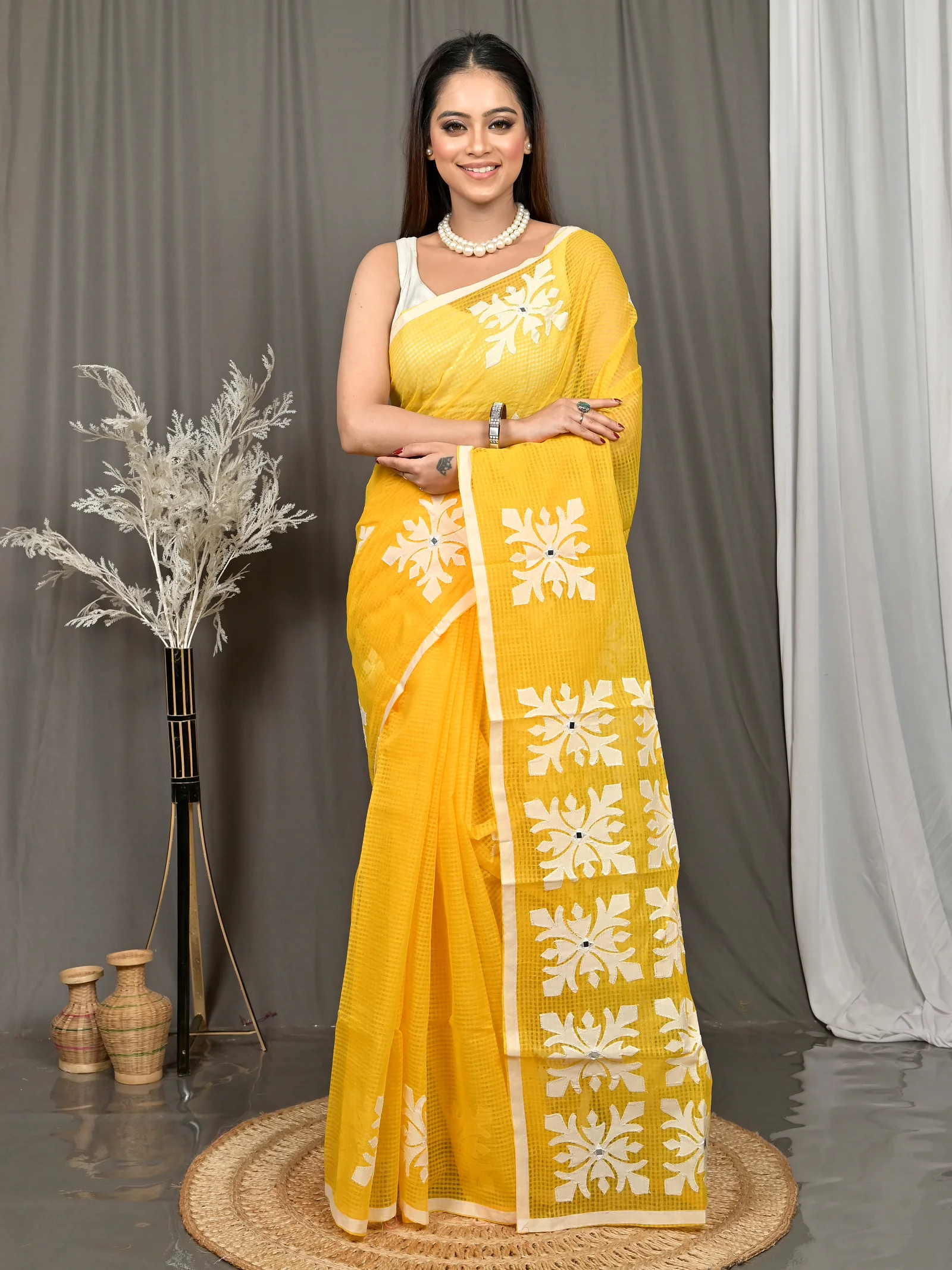 Yellow Cotton Kotaplik Mix Kota Applique Saree  (44)