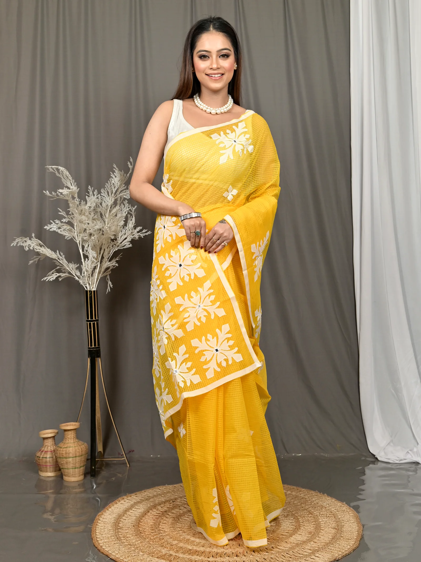 Yellow Cotton Kotaplik Mix Kota Applique Saree  (44)