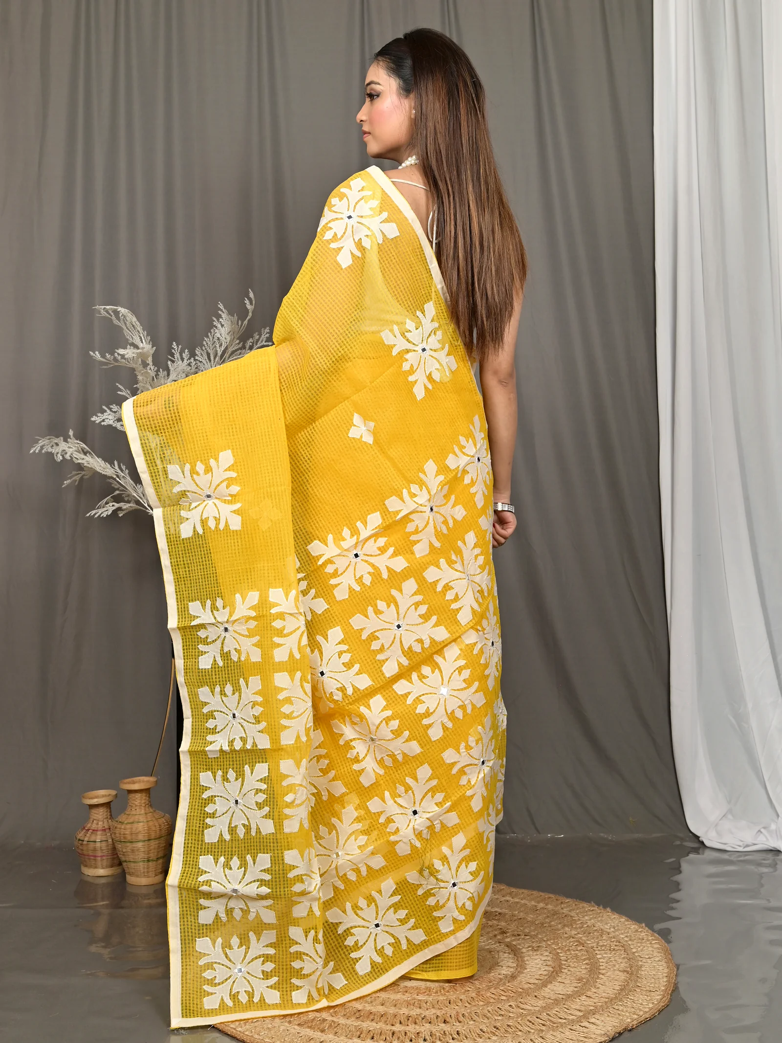 Yellow Cotton Kotaplik Mix Kota Applique Saree  (44)