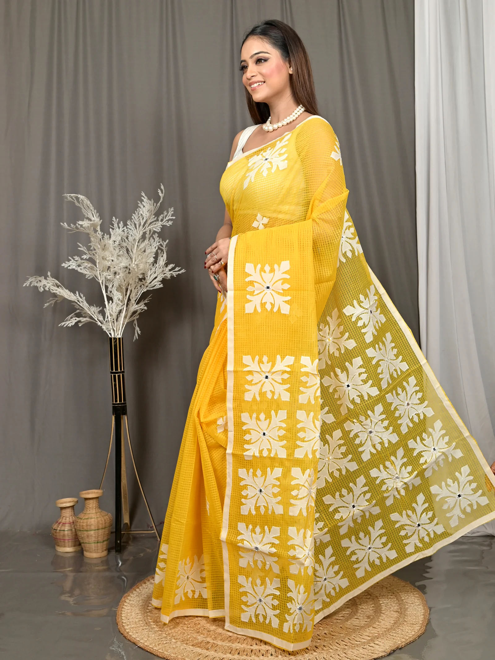 Yellow Cotton Kotaplik Mix Kota Applique Saree  (44)