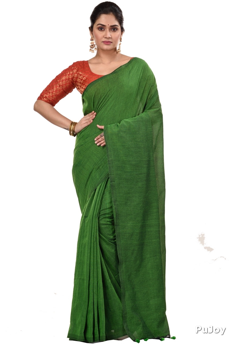 Green Pure Cotton ThanKhadi Hand Loom Saree (445)