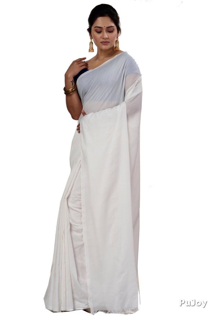 White Pure Cotton ThanKhadi Hand Loom Saree (446)
