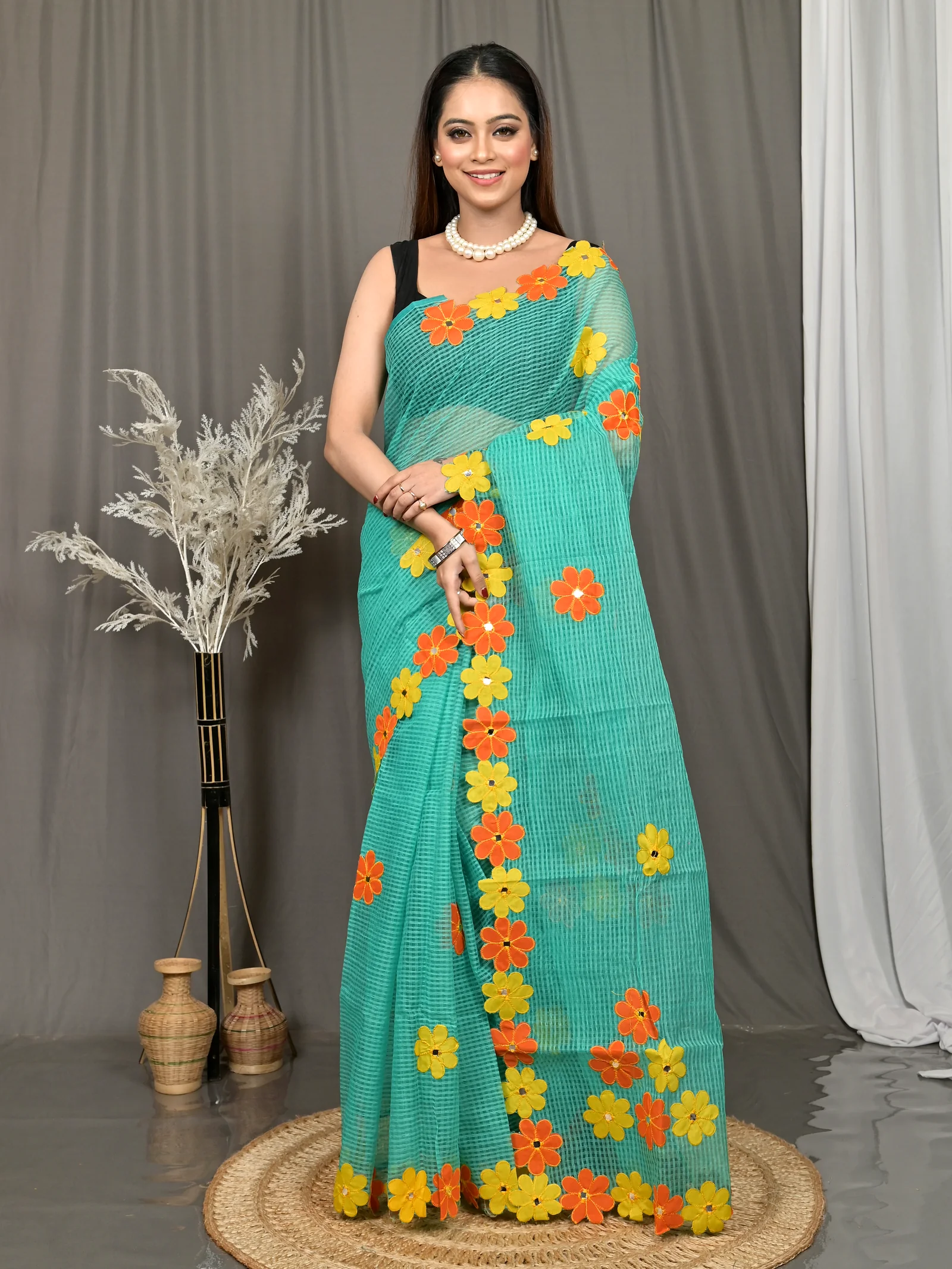 Green Cotton Kotaplik Mix Kota Applique Saree  (45)
