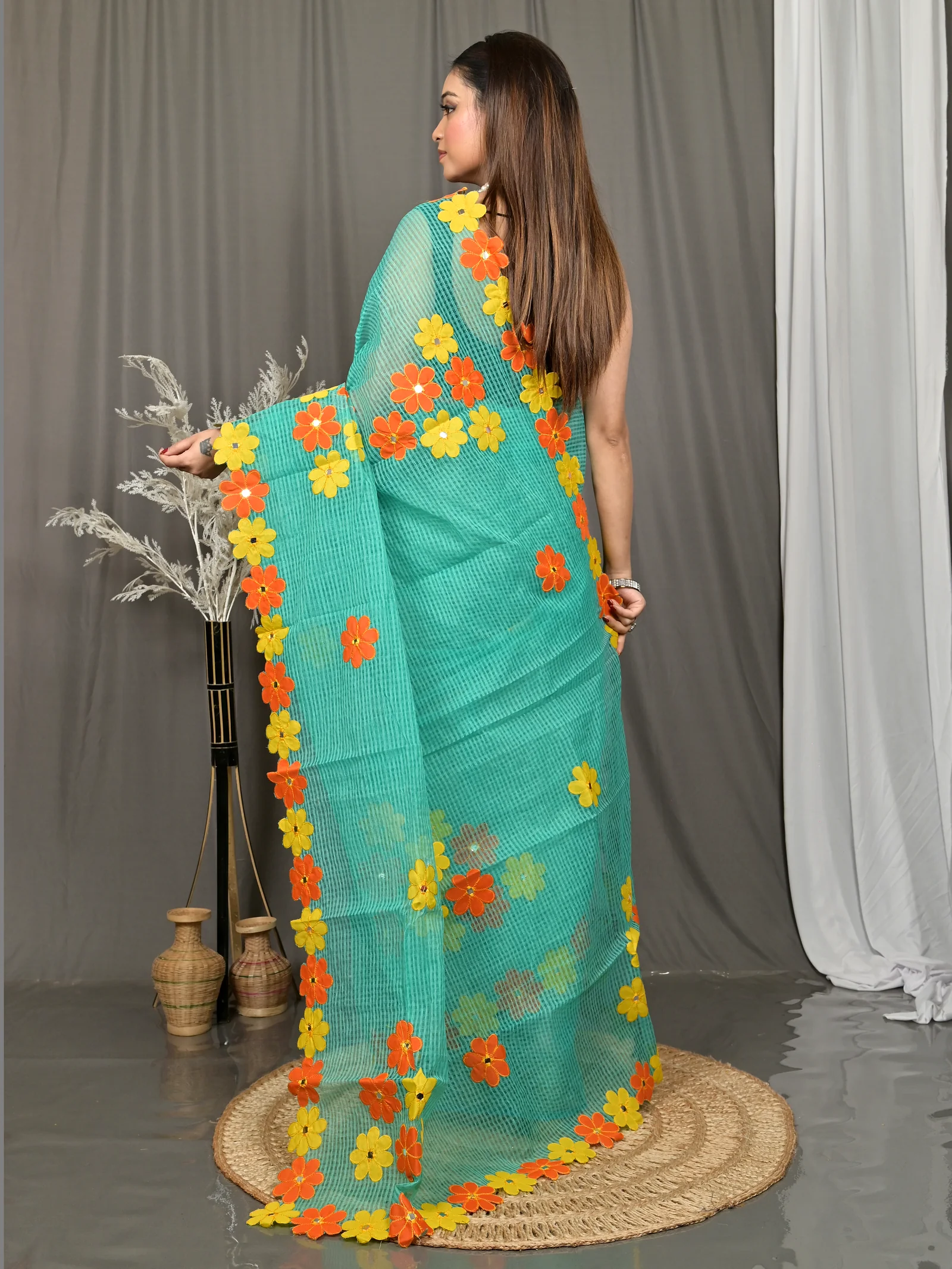 Green Cotton Kotaplik Mix Kota Applique Saree  (45)