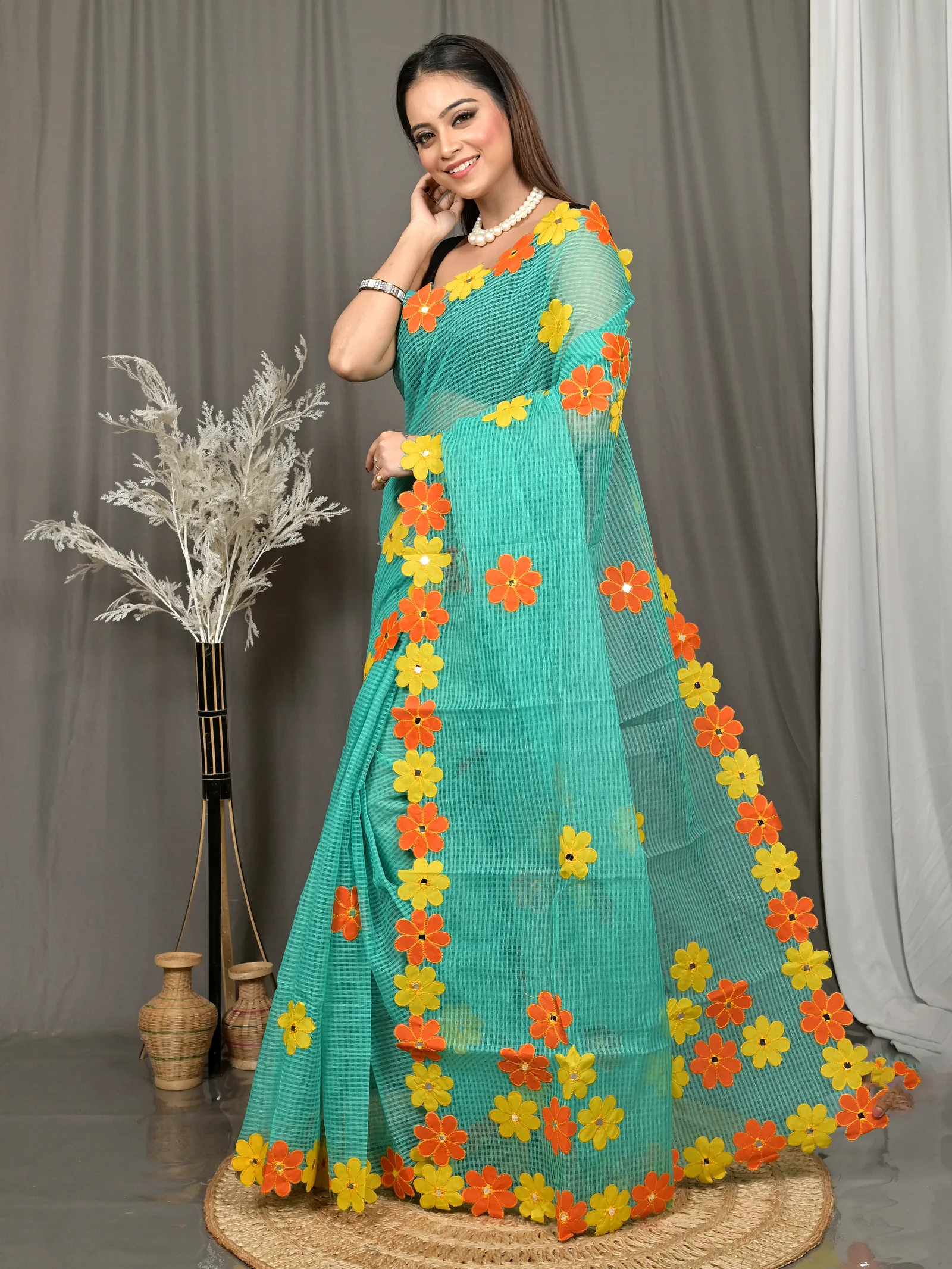 Green Cotton Kotaplik Mix Kota Applique Saree  (45)