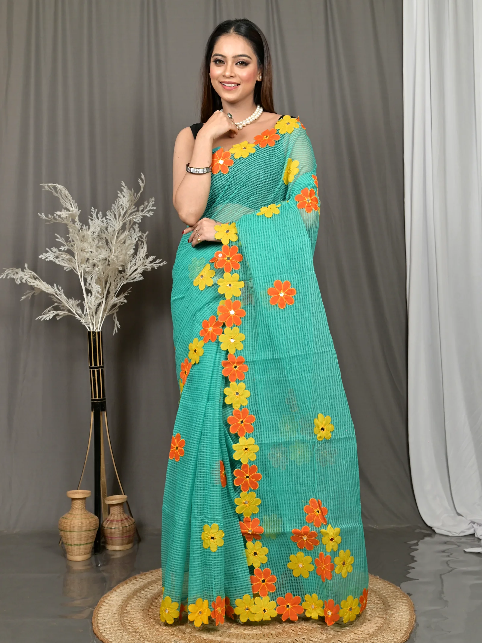 Green Cotton Kotaplik Mix Kota Applique Saree  (45)