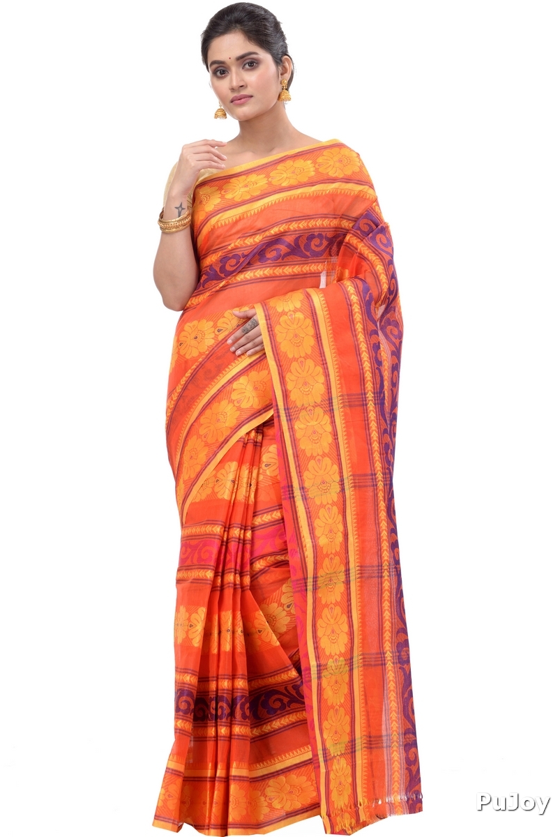Orange Pure Cotton Aditi Desiging Tant Saree (456)