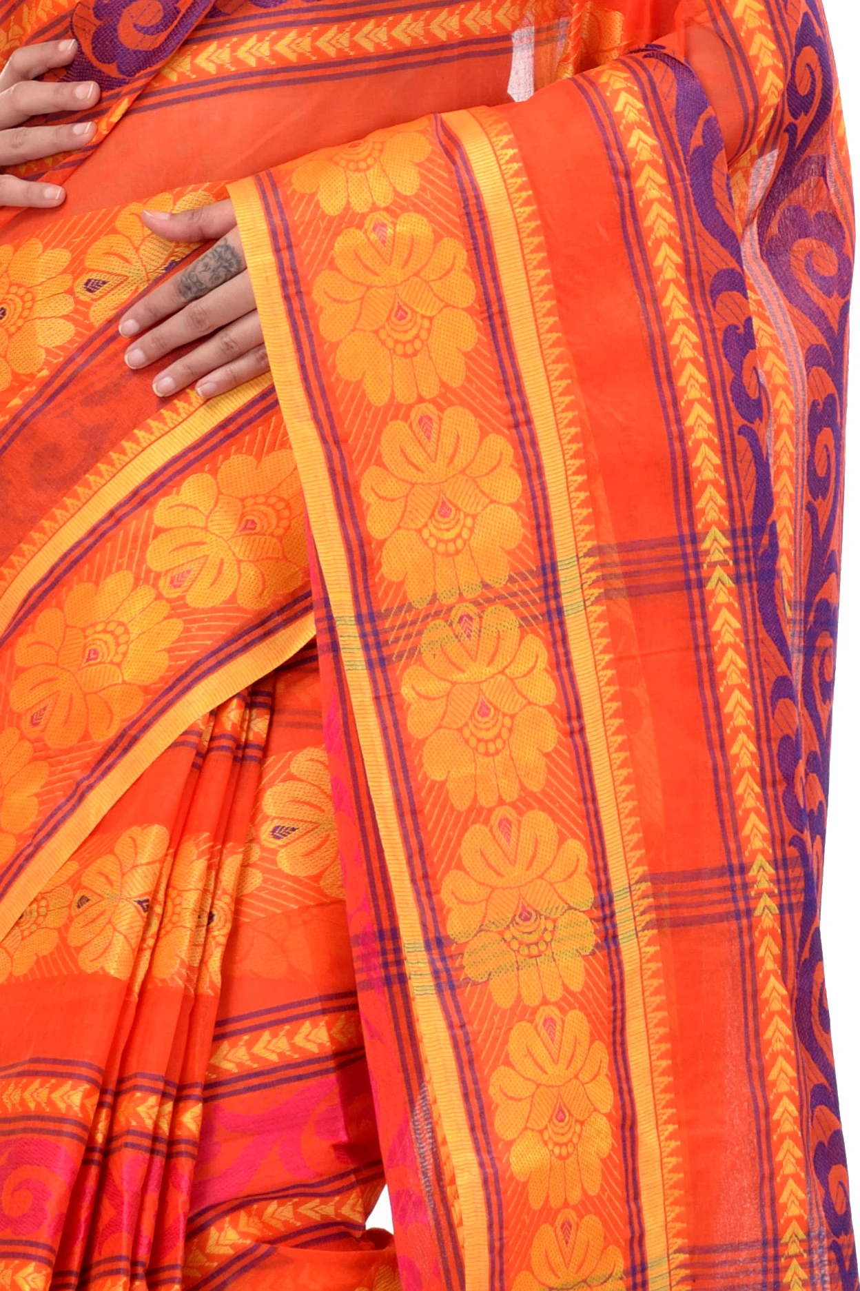 Orange Pure Cotton Aditi Desiging Tant Saree (456)