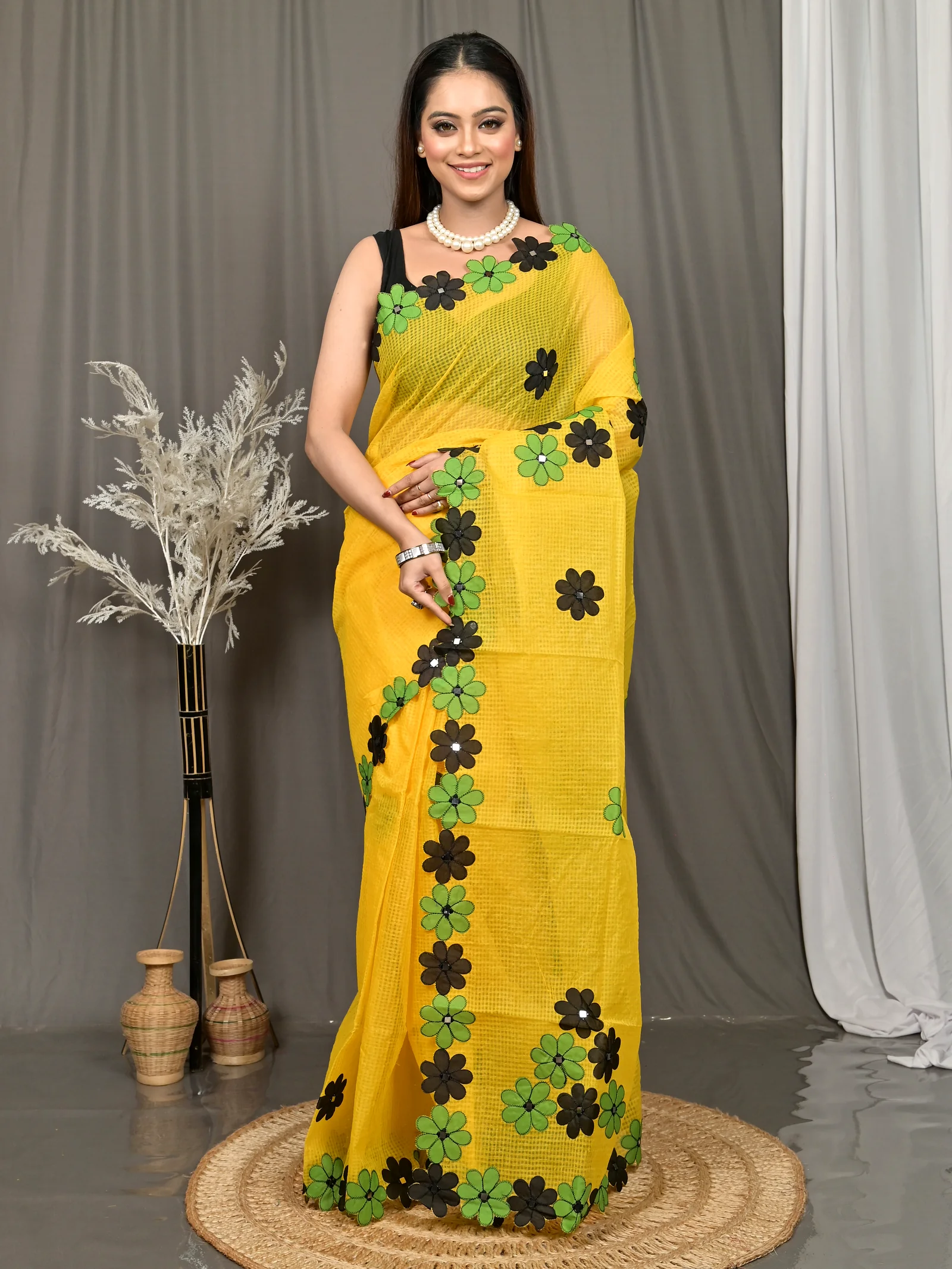 Yellow Cotton Kotaplik Mix Kota Applique Saree  (46)