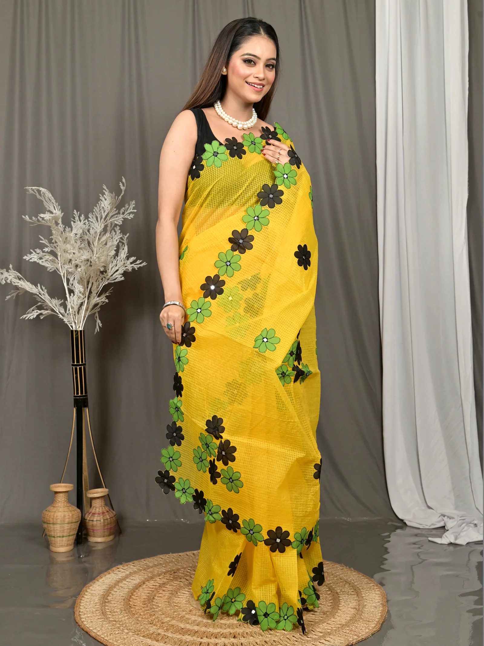 Yellow Cotton Kotaplik Mix Kota Applique Saree  (46)