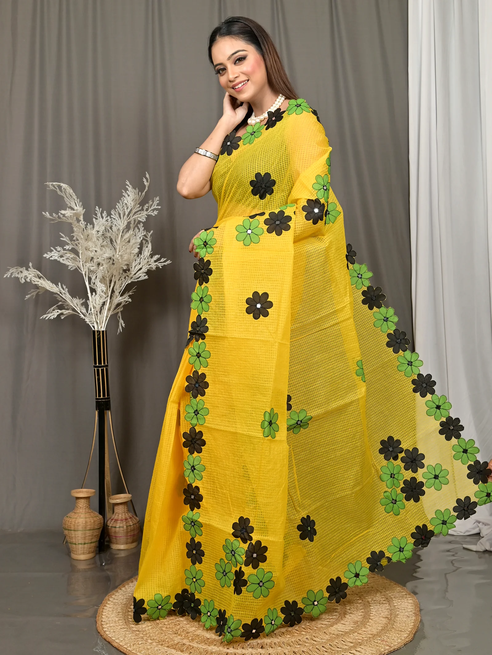 Yellow Cotton Kotaplik Mix Kota Applique Saree  (46)