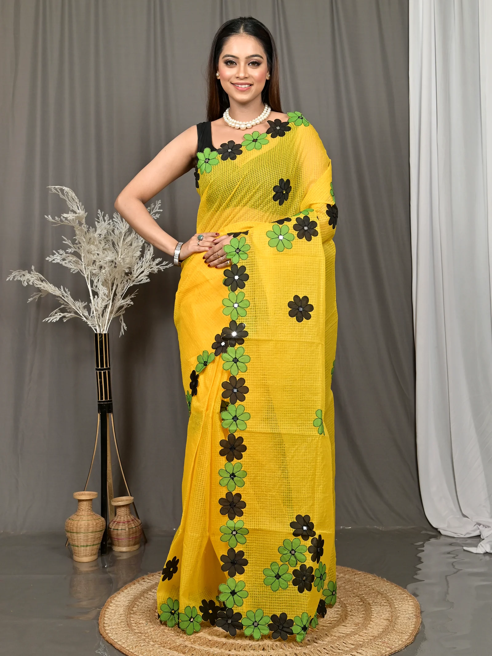 Yellow Cotton Kotaplik Mix Kota Applique Saree  (46)