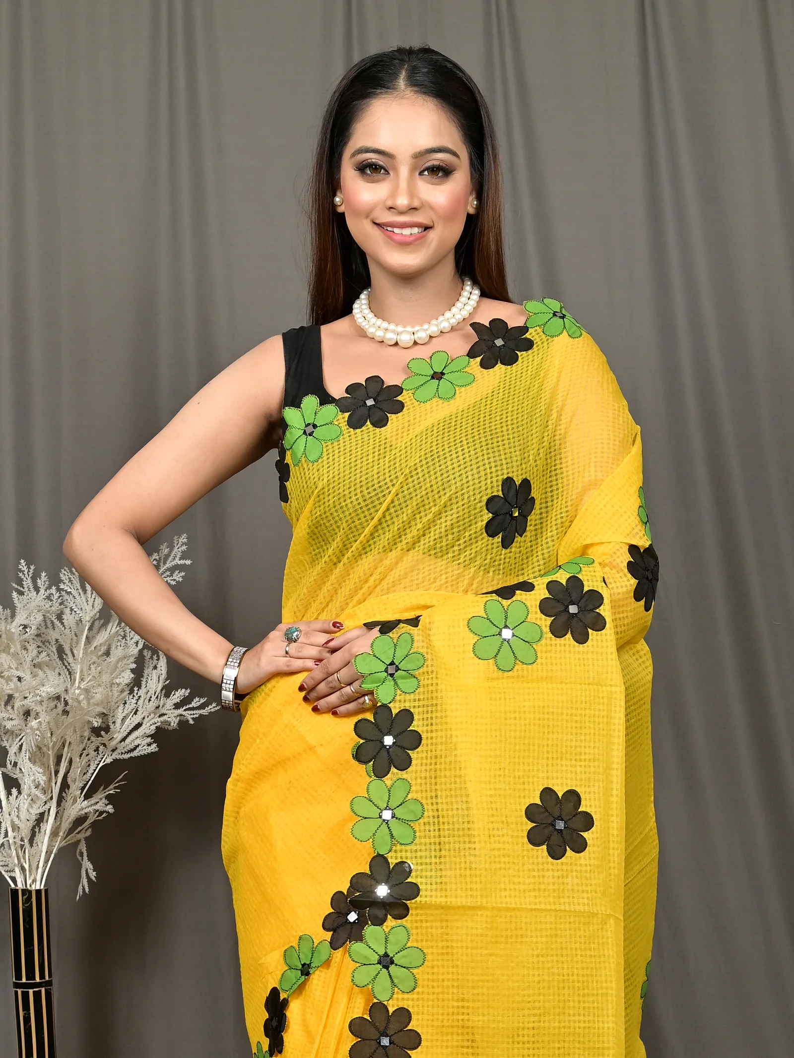 Yellow Cotton Kotaplik Mix Kota Applique Saree  (46)