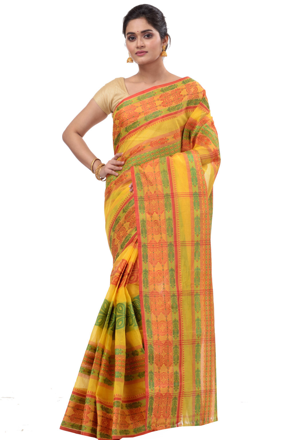 Muster Yellow Pure Cotton Saanvi Desiging Tant Saree (464)