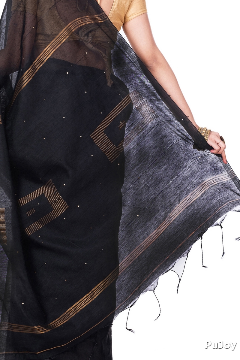 Black Blended Cotton Sequence_Handloom Hand Loom Saree (468)