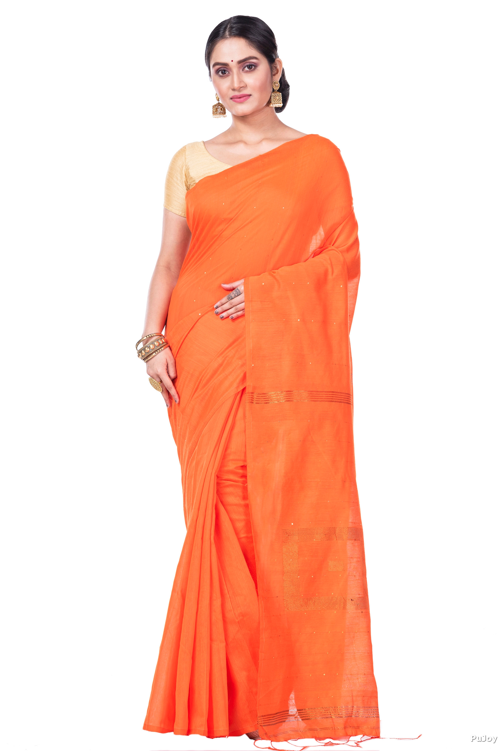 Orange Blended Cotton Sequence_Handloom Hand Loom Saree (469)