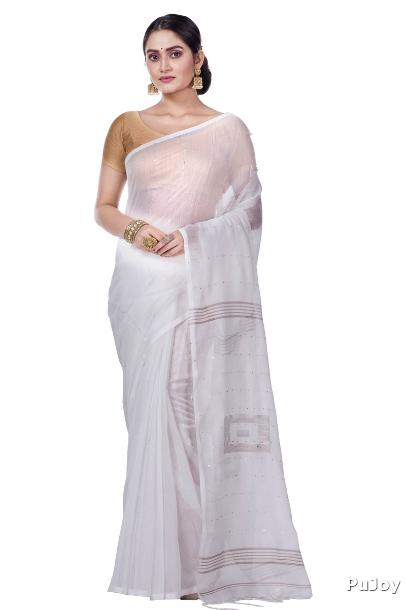 White Blended Cotton Sequence_Handloom Hand Loom Saree (470)
