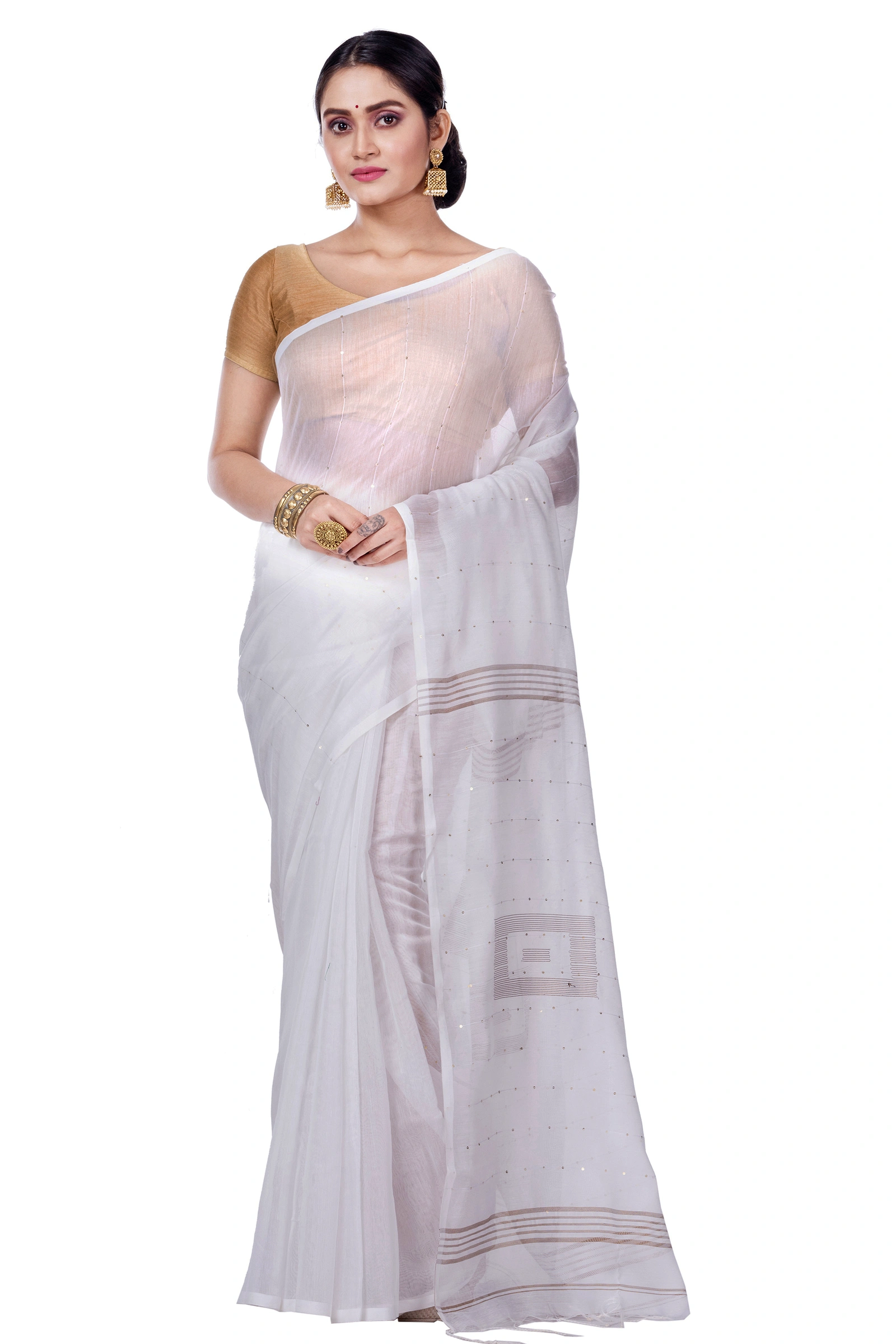 White Blended Cotton Sequence_Handloom Hand Loom Saree (470)