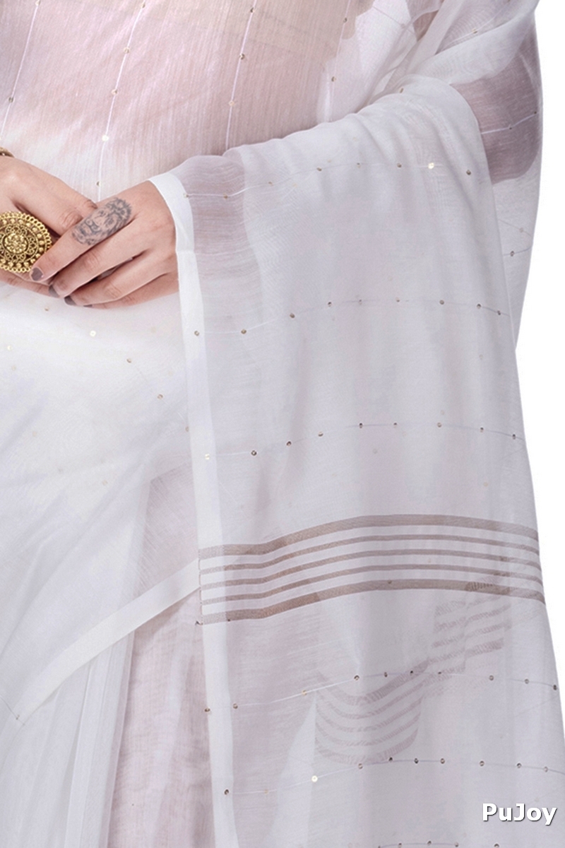 White Blended Cotton Sequence_Handloom Hand Loom Saree (470)