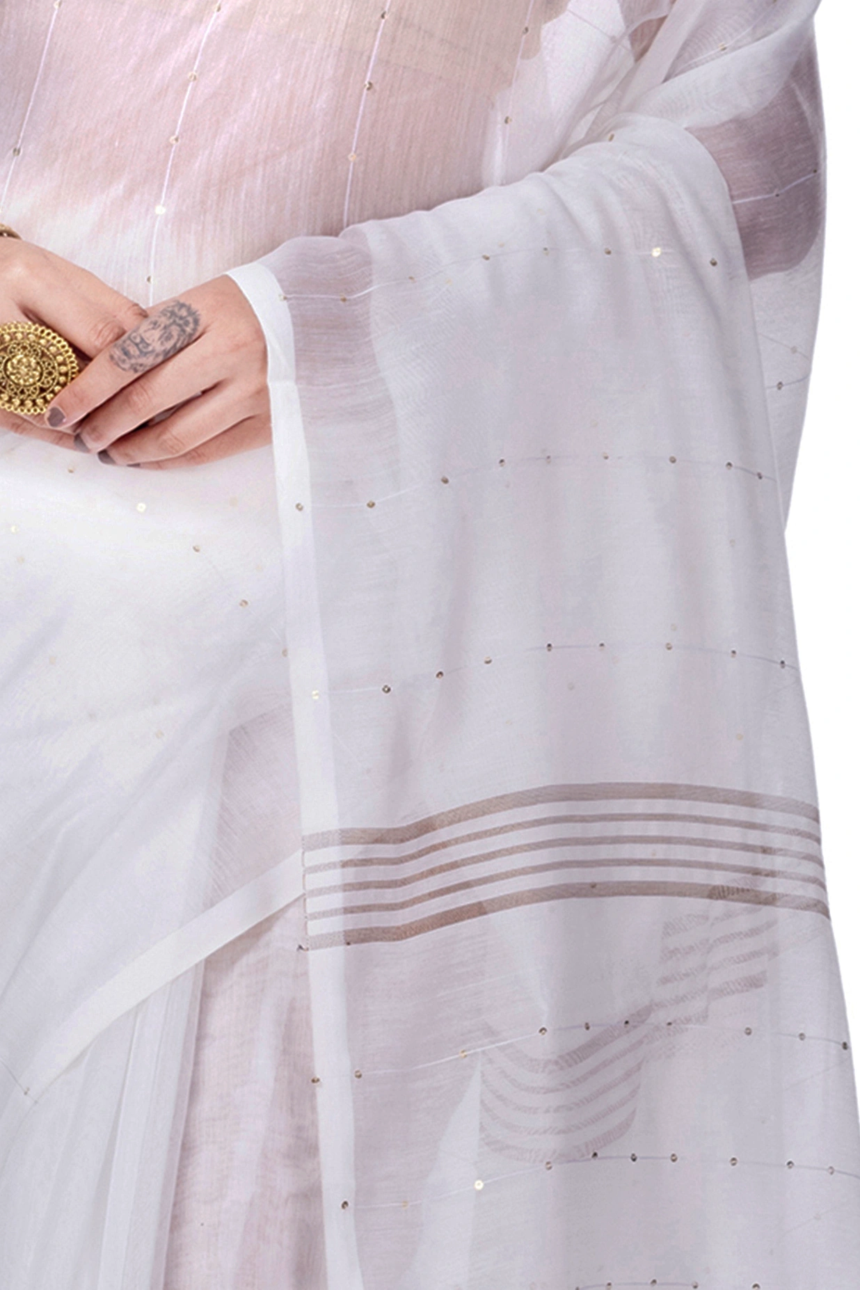 White Blended Cotton Sequence_Handloom Hand Loom Saree (470)