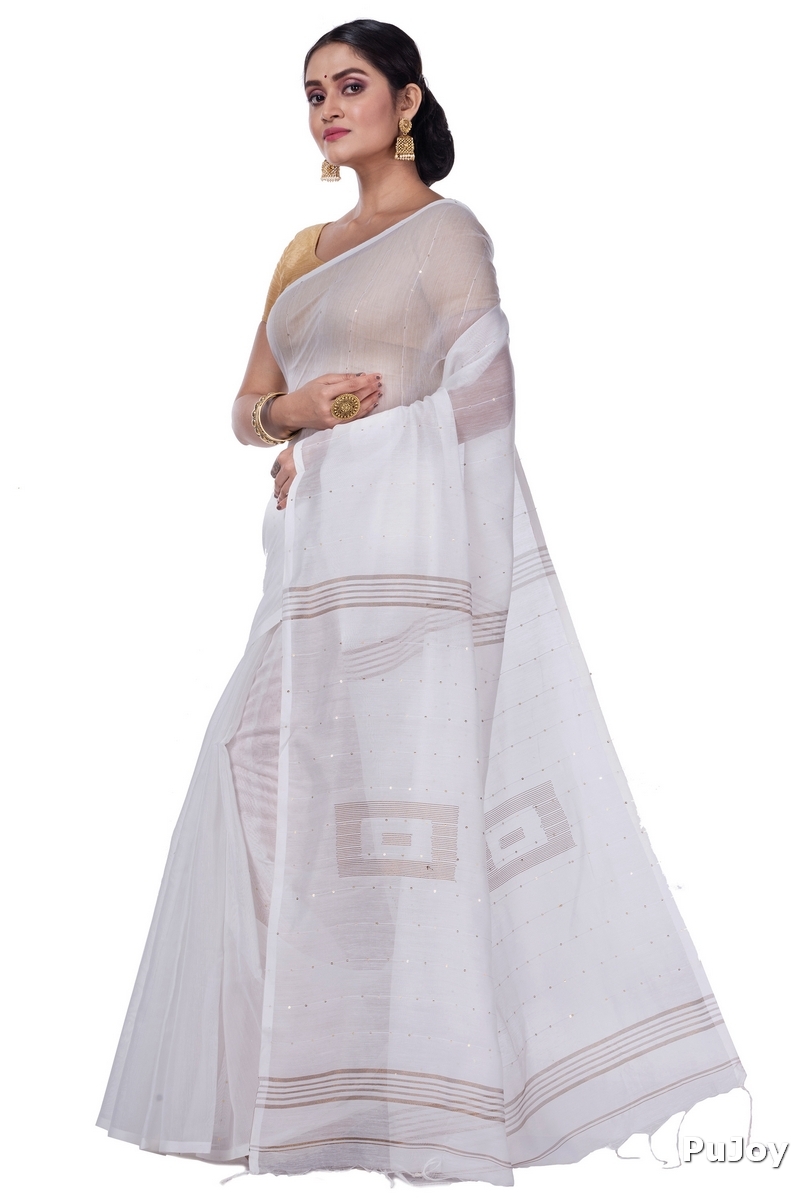 White Blended Cotton Sequence_Handloom Hand Loom Saree (470)