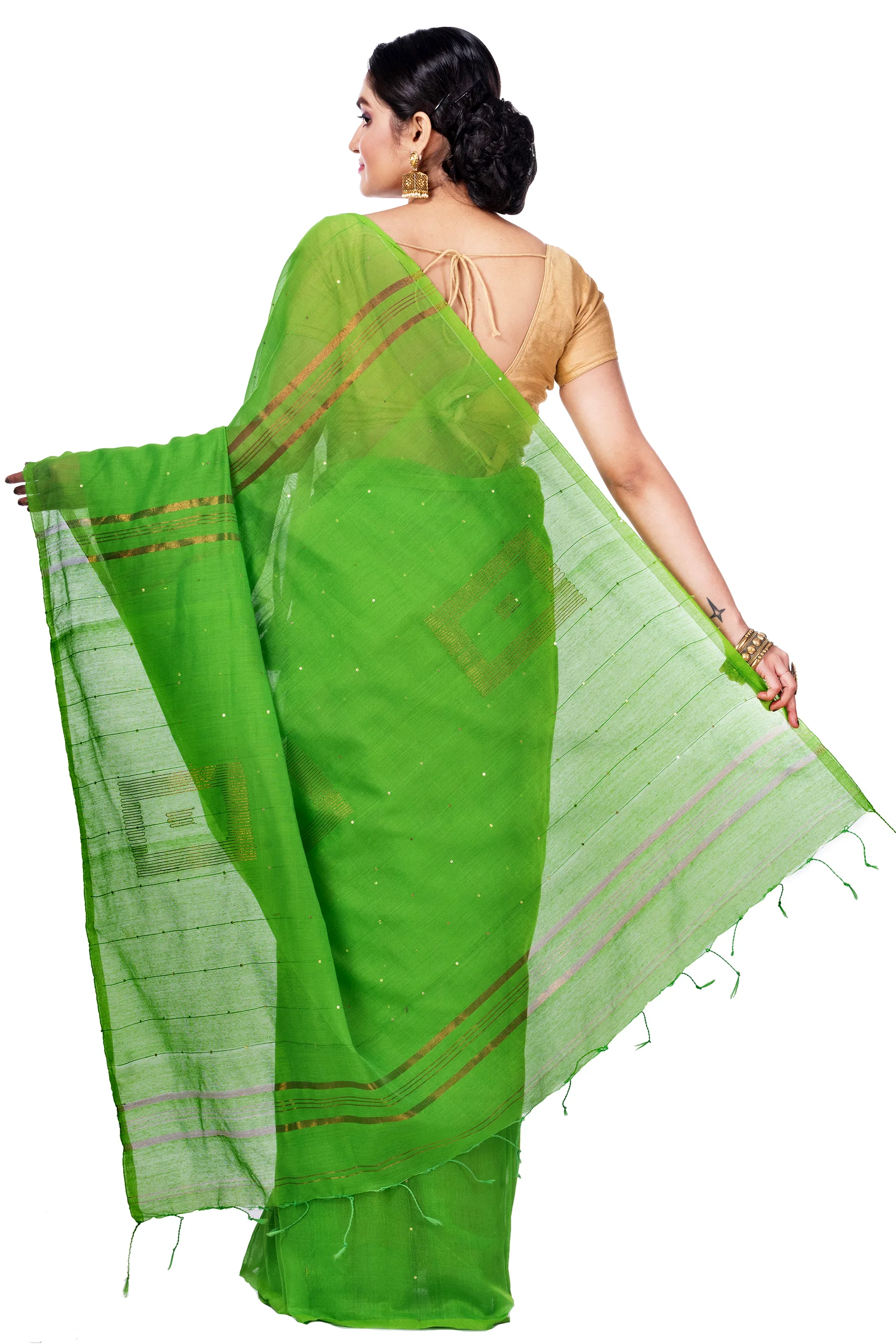 Light Green Blended Cotton Sequence_Handloom Hand Loom Saree (471)