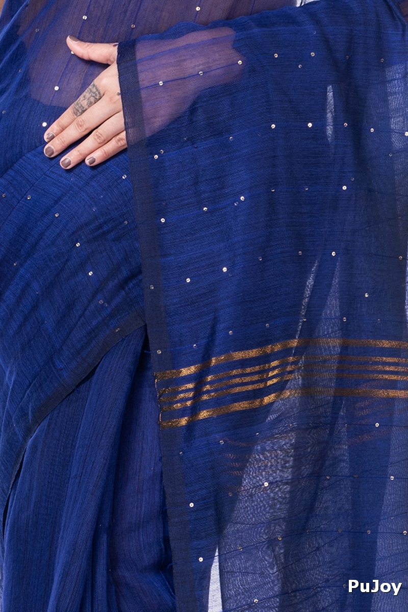 Naby Blue Blended Cotton Sequence_Handloom Hand Loom Saree (472)