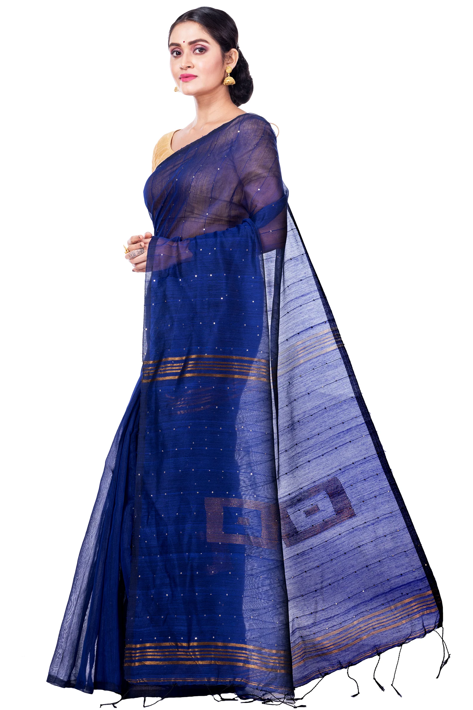 Naby Blue Blended Cotton Sequence_Handloom Hand Loom Saree (472)
