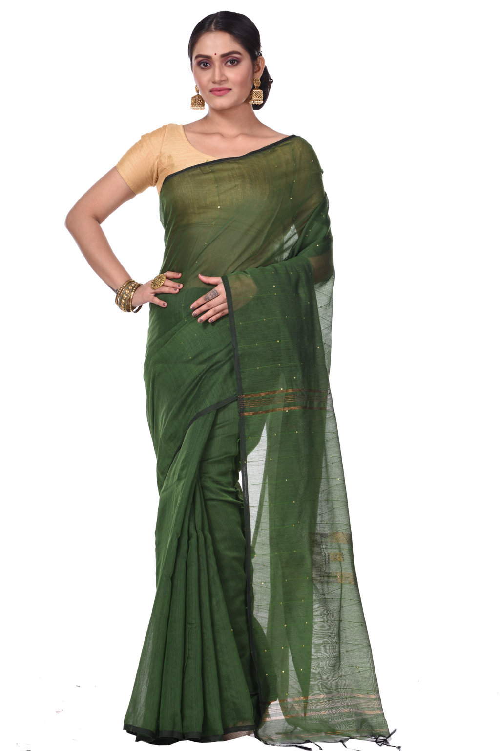 Dark Green Blended Cotton Sequence_Handloom Hand Loom Saree (473)