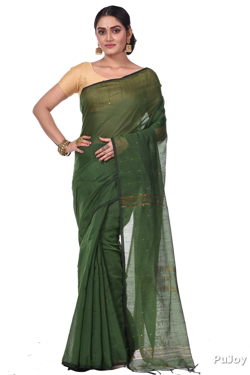 Dark Green Blended Cotton Sequence_Handloom Hand Loom Saree (473)