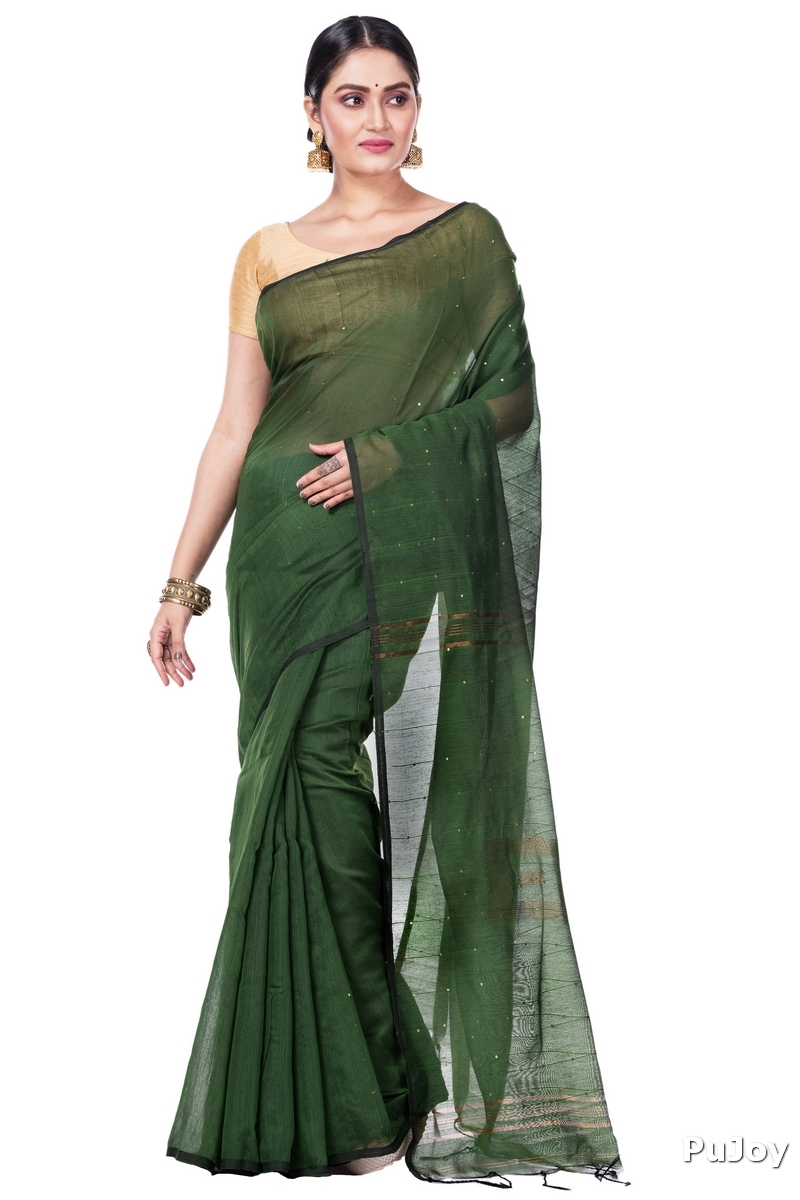 Dark Green Blended Cotton Sequence_Handloom Hand Loom Saree (473)