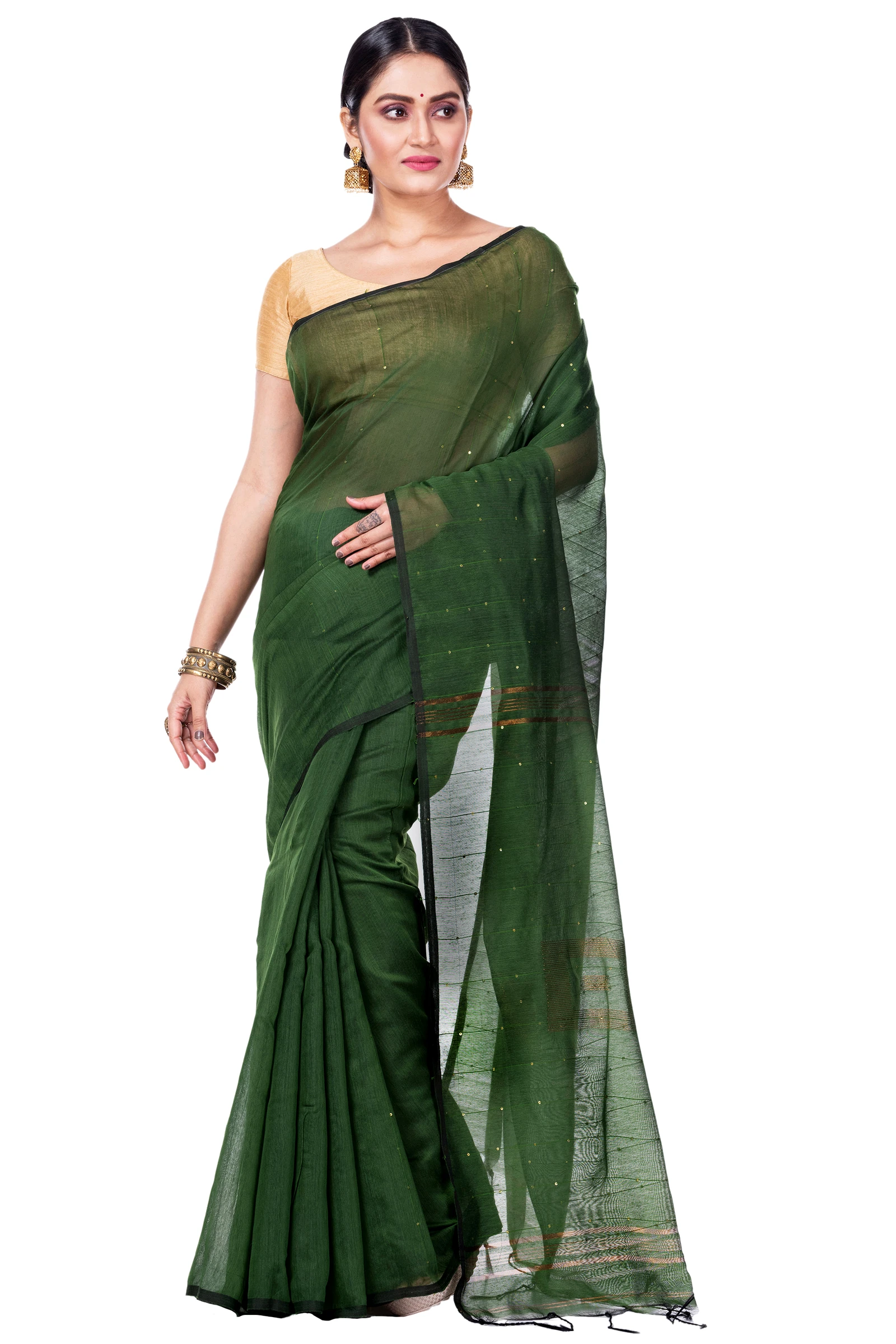 Dark Green Blended Cotton Sequence_Handloom Hand Loom Saree (473)