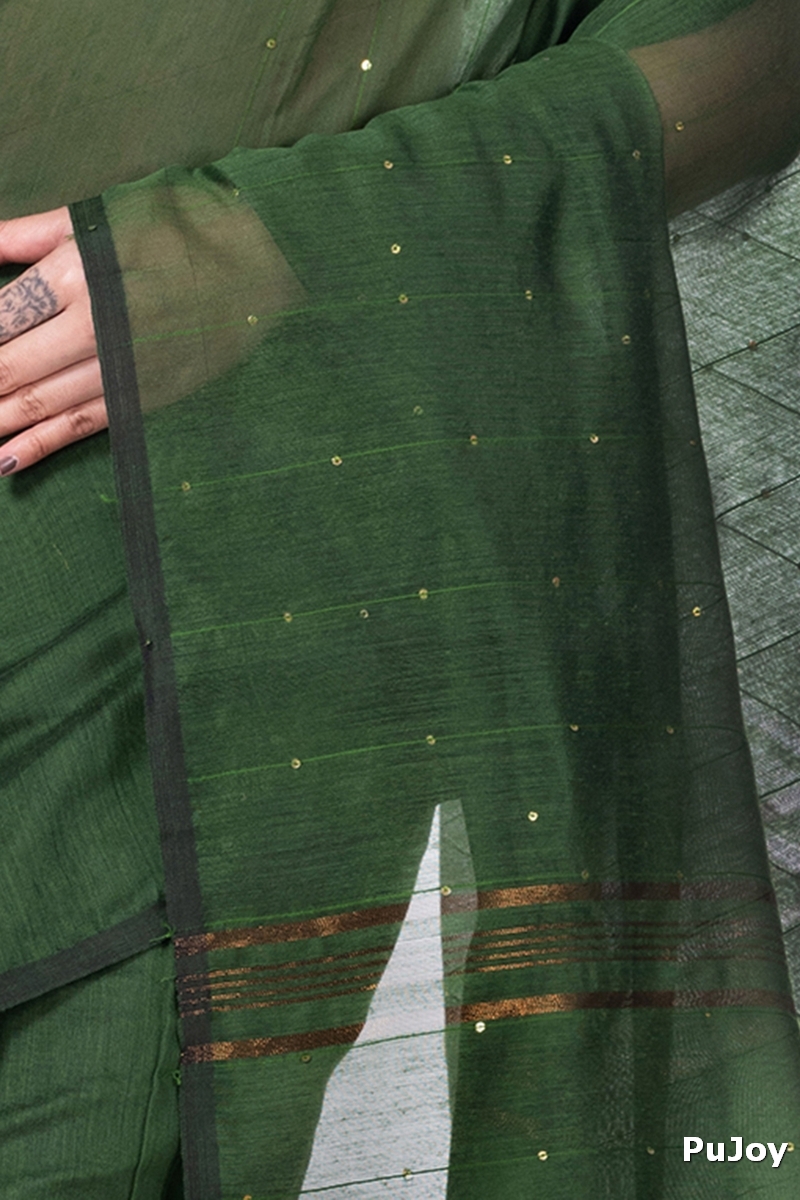 Dark Green Blended Cotton Sequence_Handloom Hand Loom Saree (473)