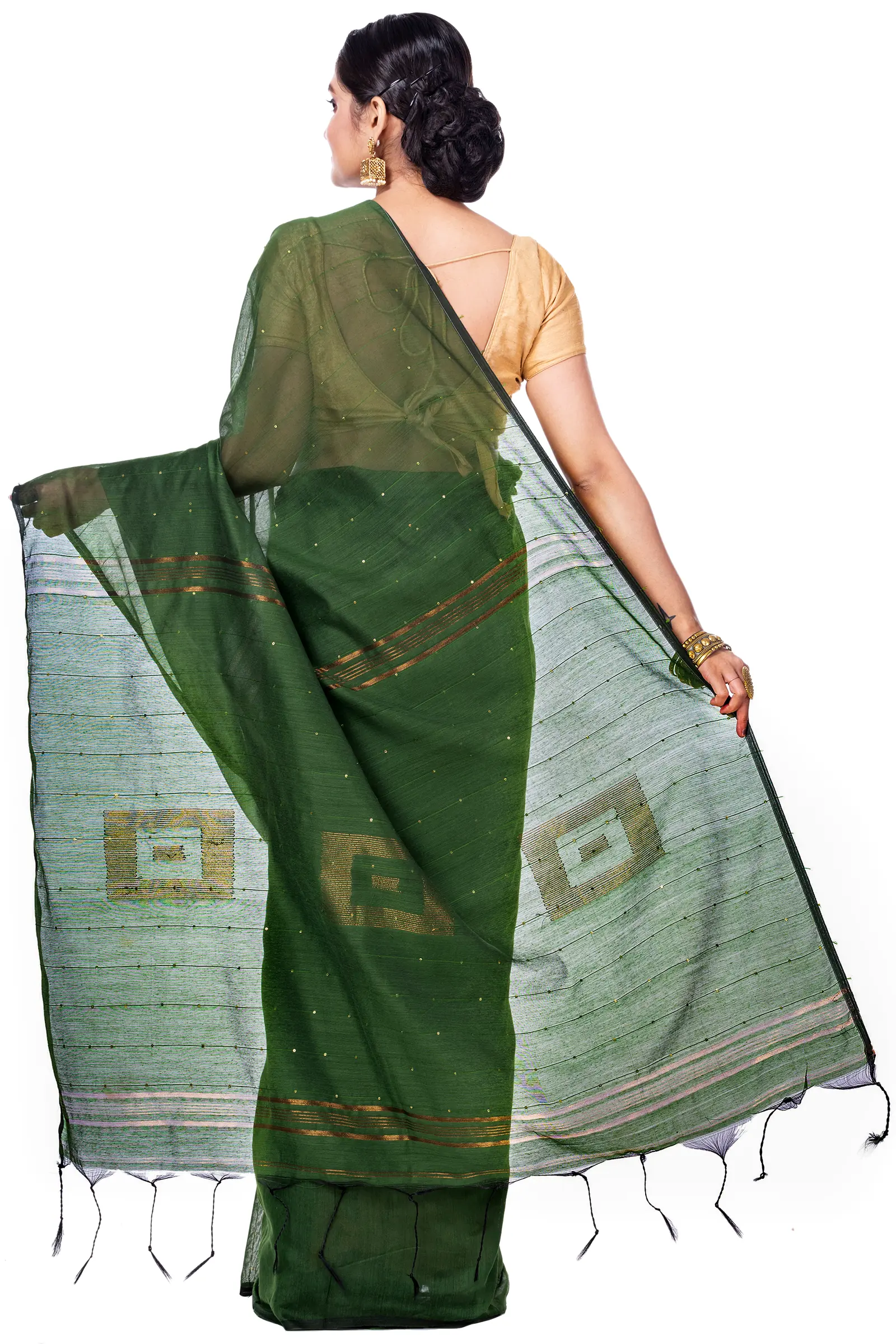 Dark Green Blended Cotton Sequence_Handloom Hand Loom Saree (473)