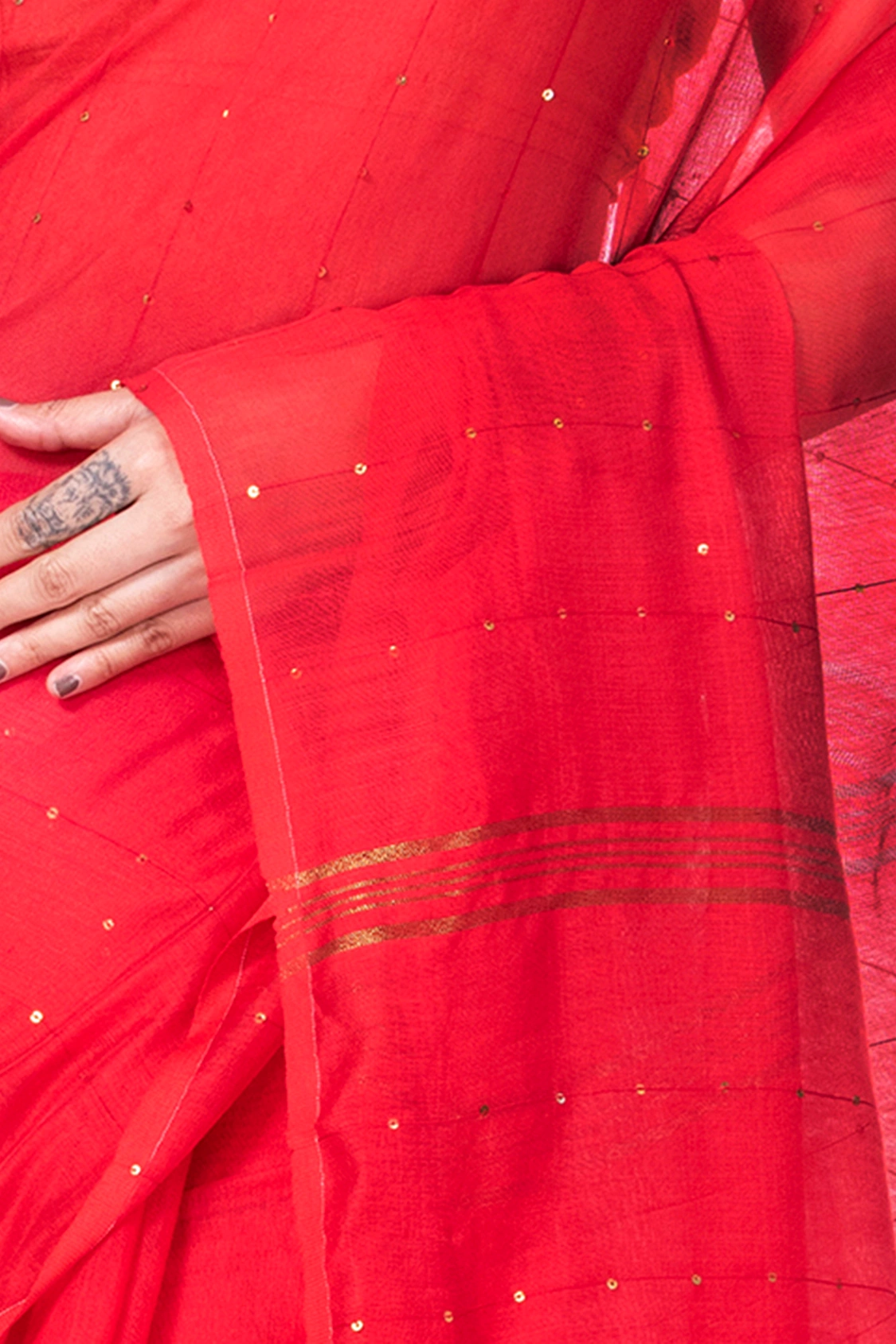 Red Blended Cotton Sequence_Handloom Hand Loom Saree (474)