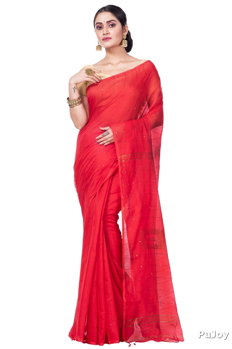 Red Blended Cotton Sequence_Handloom Hand Loom Saree (474)