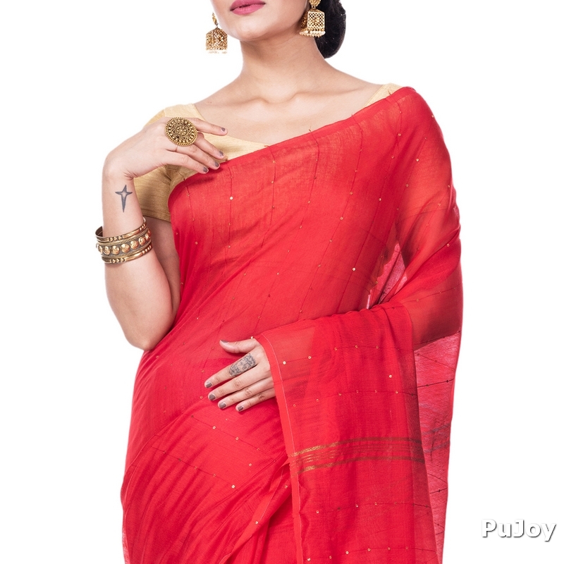 Red Blended Cotton Sequence_Handloom Hand Loom Saree (474)