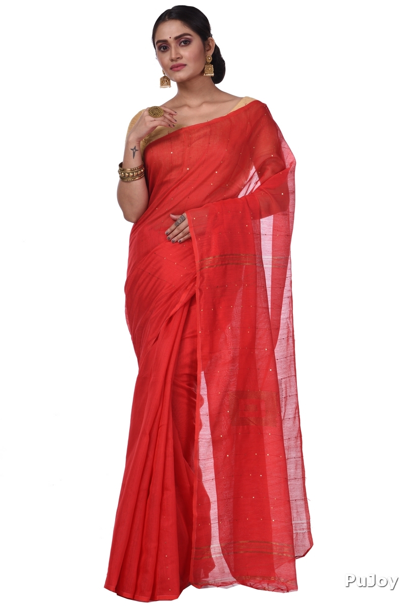Red Blended Cotton Sequence_Handloom Hand Loom Saree (474)