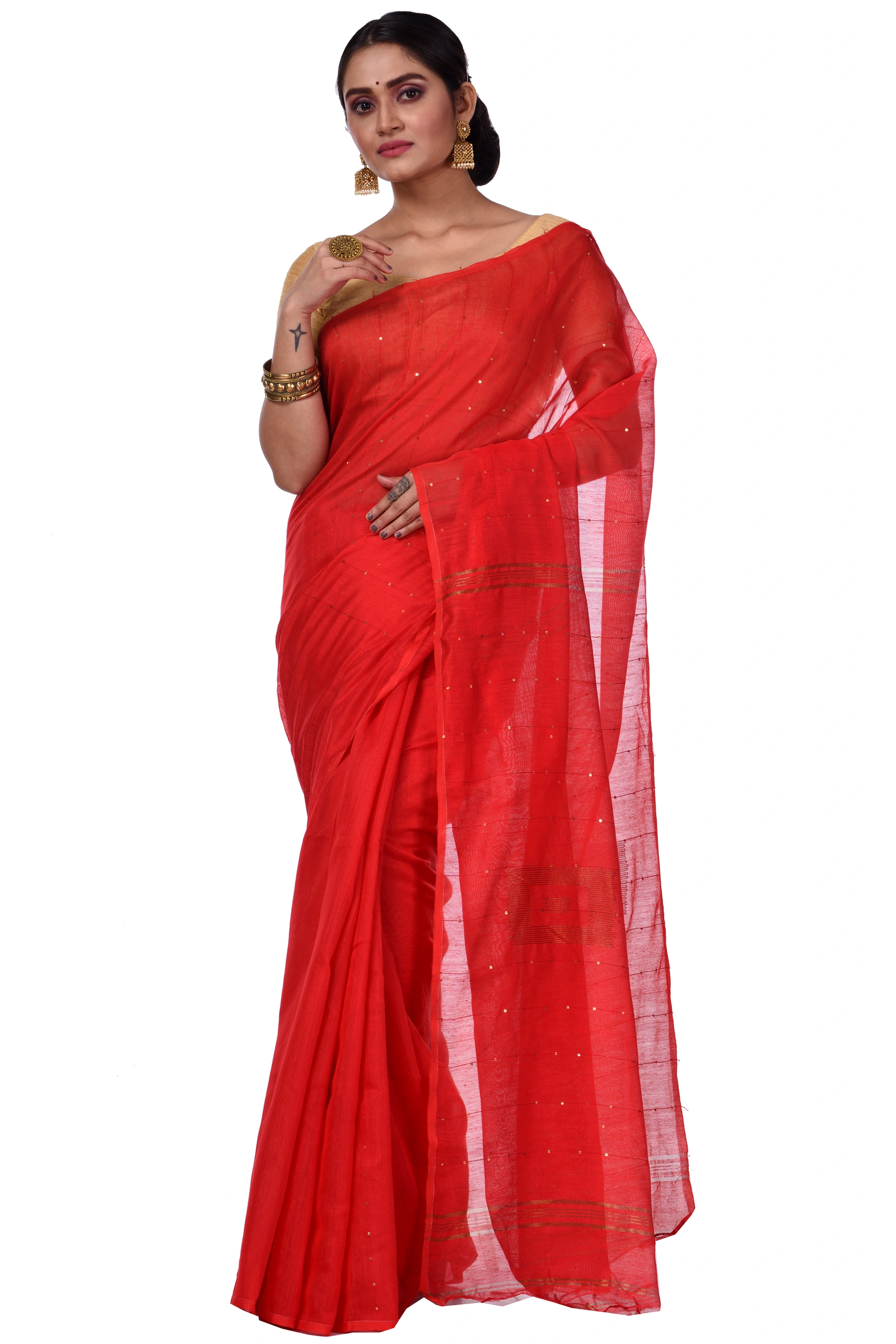 Red Blended Cotton Sequence_Handloom Hand Loom Saree (474)