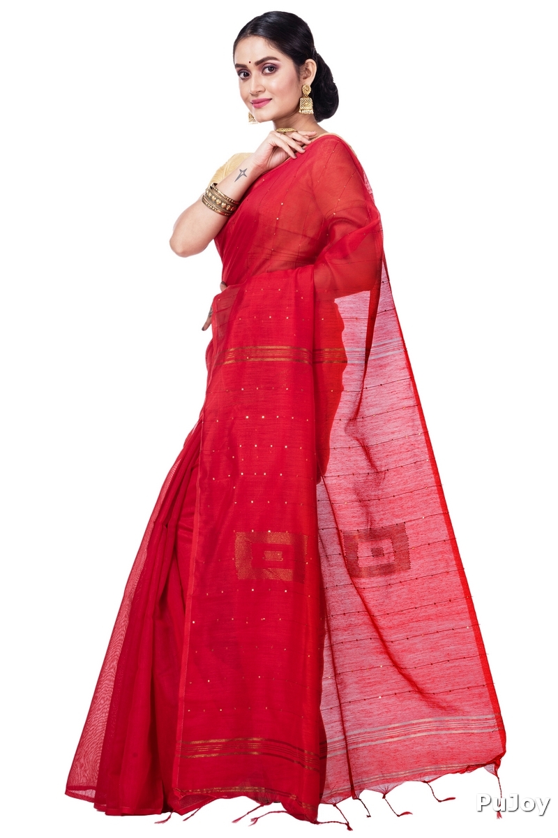 Red Blended Cotton Sequence_Handloom Hand Loom Saree (474)
