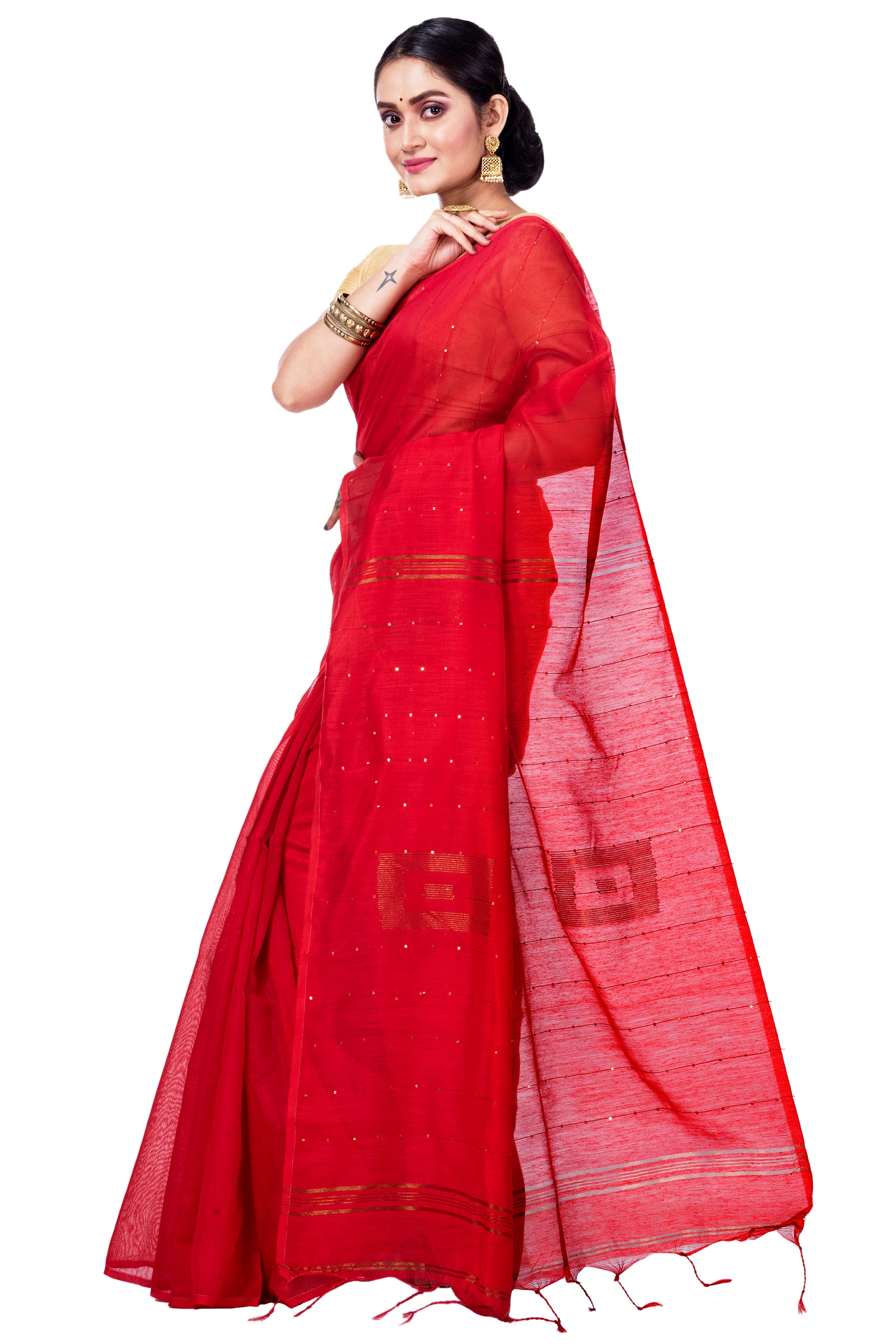 Red Blended Cotton Sequence_Handloom Hand Loom Saree (474)