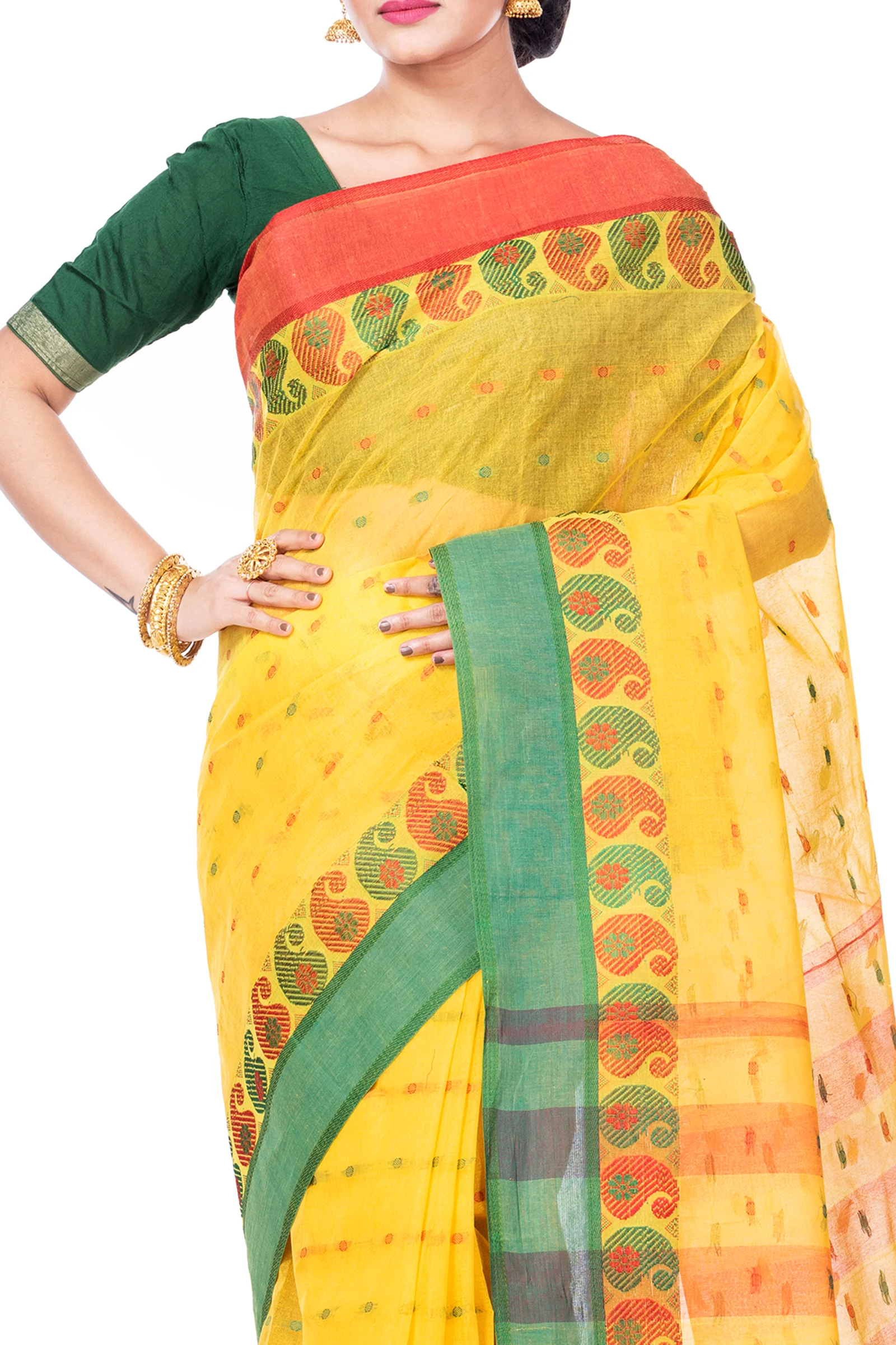 Yellow Pure Cotton Amkolka_Par Tant Saree (478)