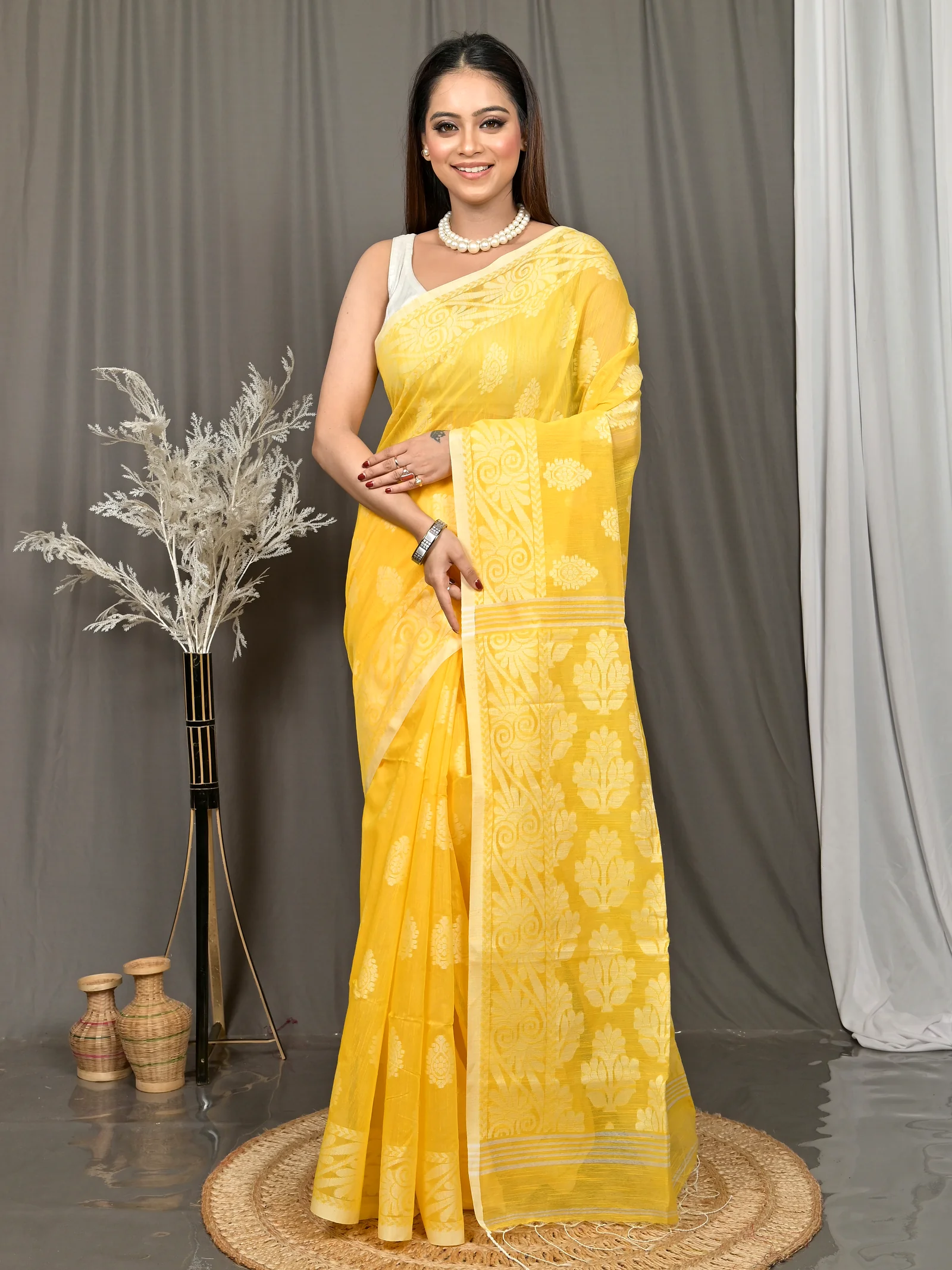 Yellow Cotton Parbit Handloom Saree  (48)