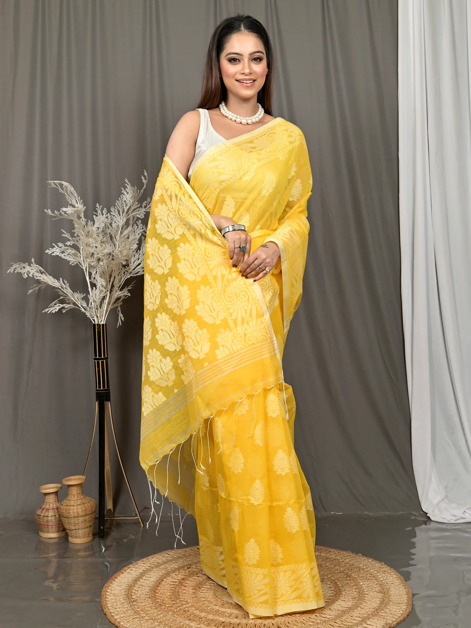 Yellow Cotton Parbit Handloom Saree  (48)