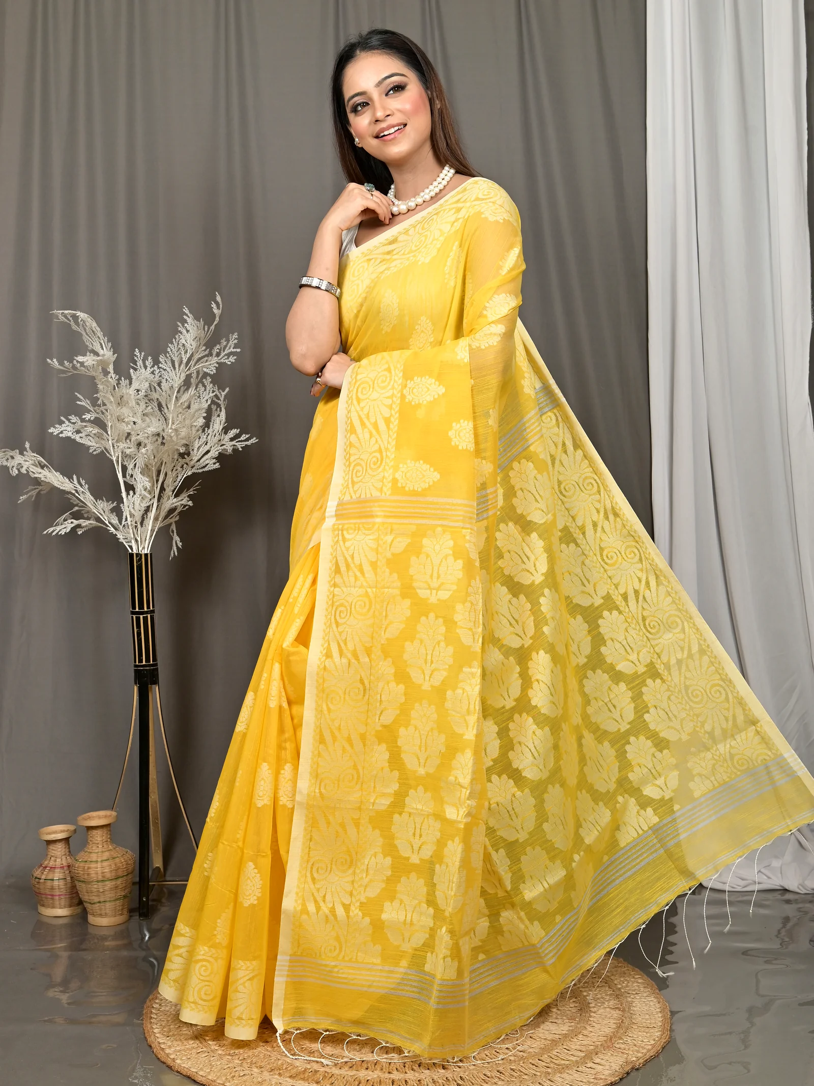 Yellow Cotton Parbit Handloom Saree  (48)