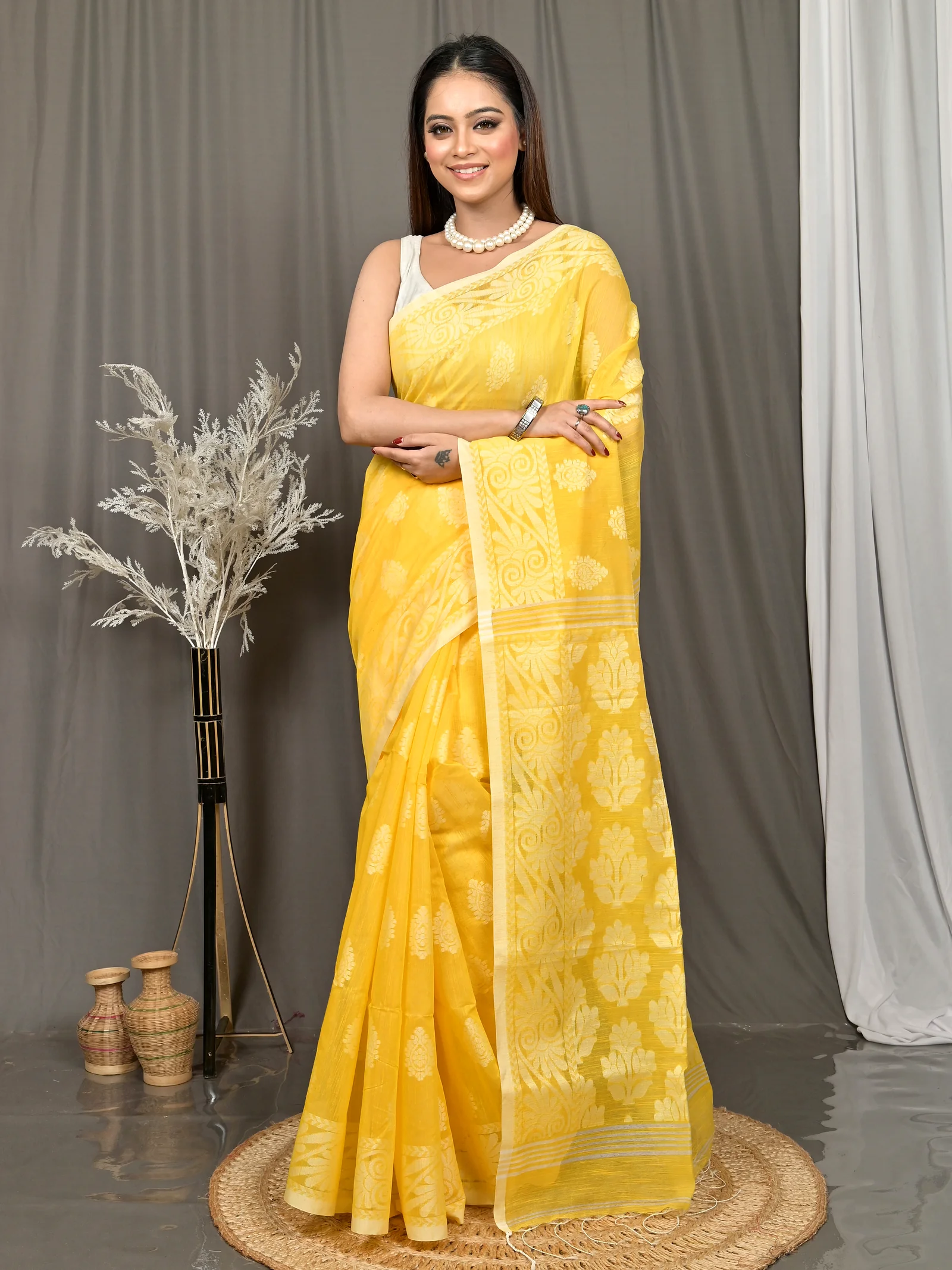 Yellow Cotton Parbit Handloom Saree  (48)