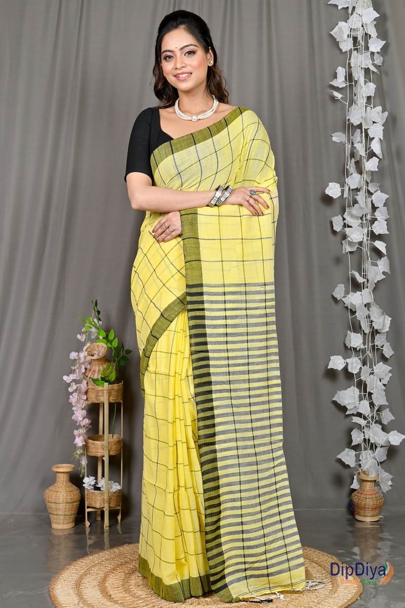 Yellow Cotton Blended Parodhi Hand Loom Saree (482)