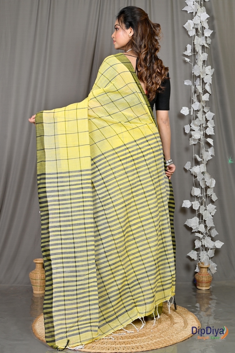 Yellow Cotton Blended Parodhi Hand Loom Saree (482)