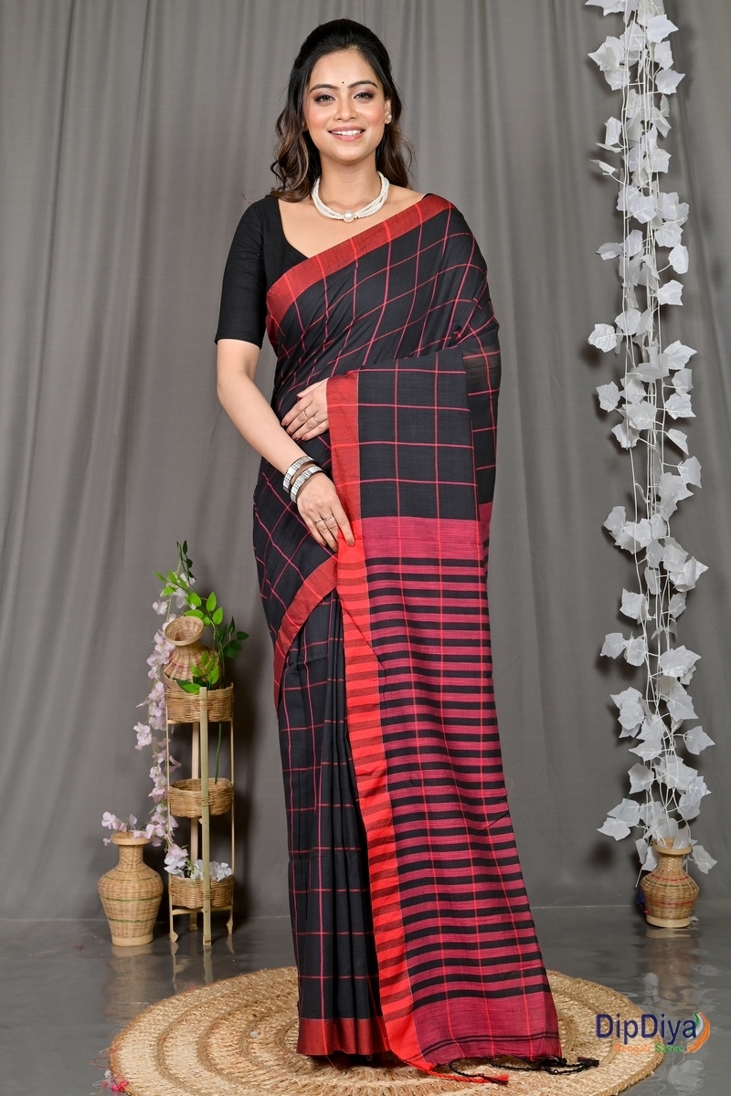 Black Cotton Blended Parodhi Hand Loom Saree (483)