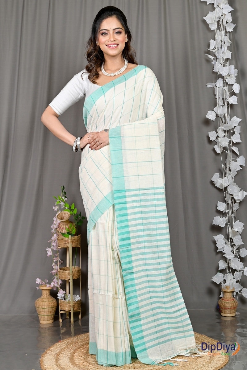 White Cotton Blended Parodhi Hand Loom Saree (484)